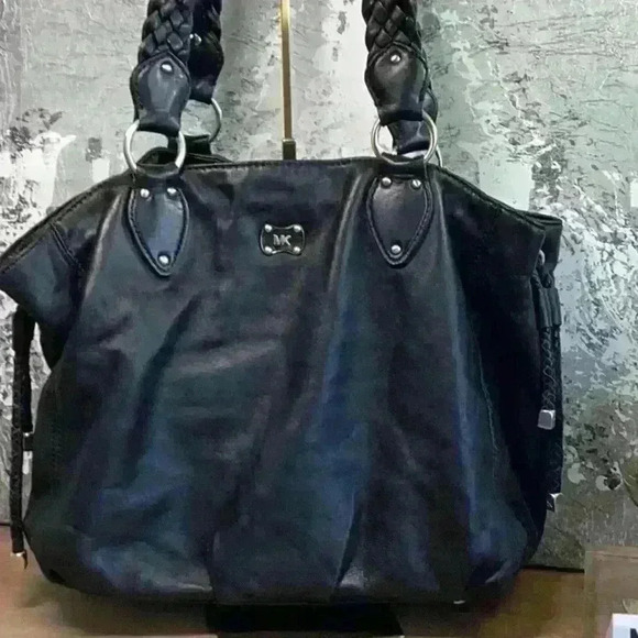 Michael Kors Vintage Black Leather Handbag Bag Tote with Braided Handles